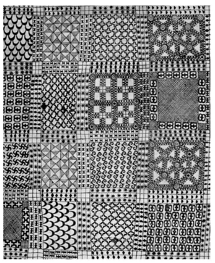 Historic Adinkra mourning cloth with repeated stamped symbols arranged in a grid